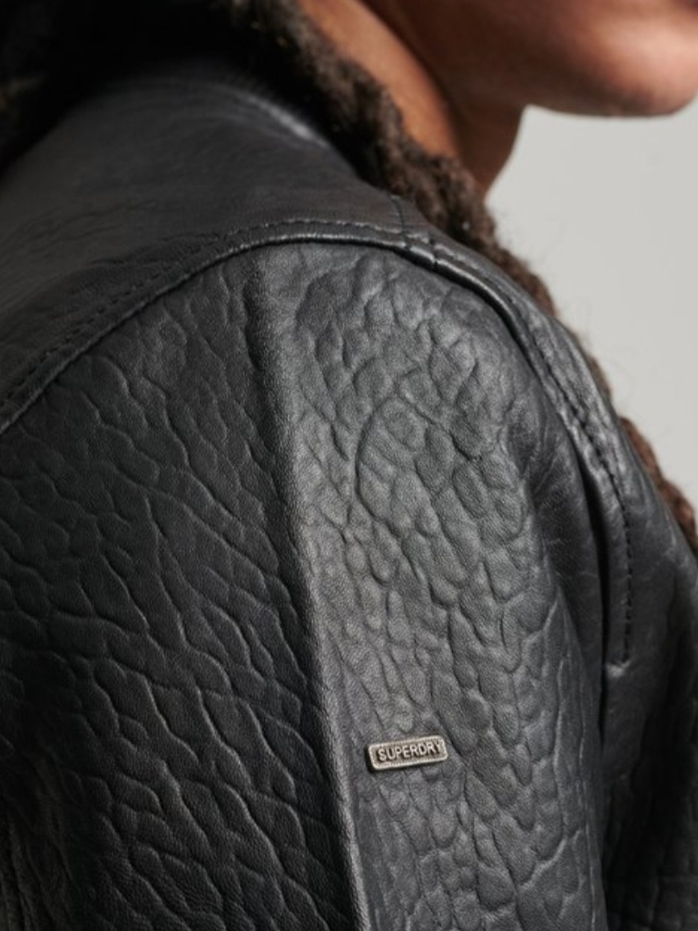 Superdry Men's Black Leather-Style Bomber Jacket - Sleek Zip Front NWT - Picture 6 of 9